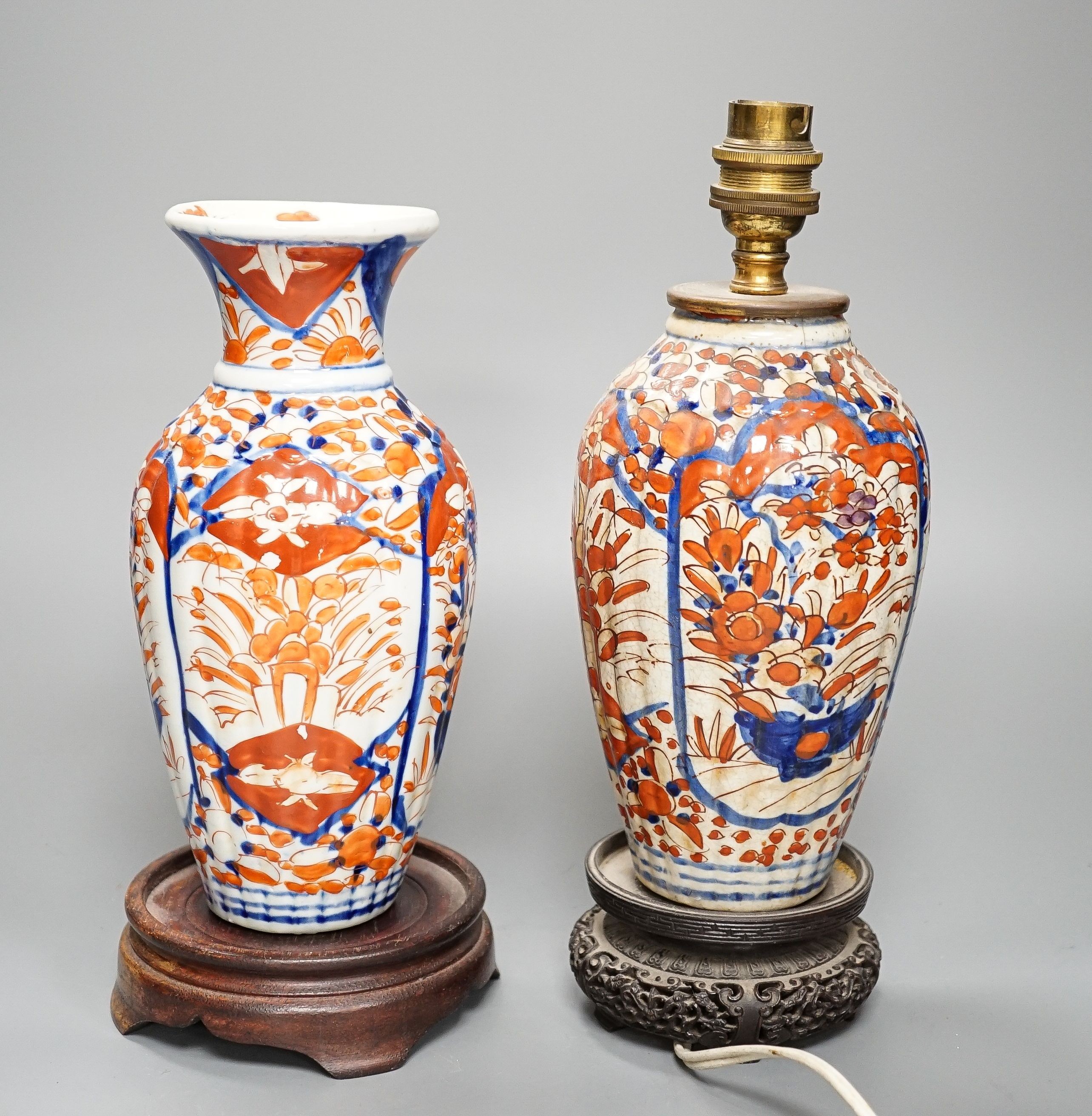 A Japanese Imari lamp and matching vase, 22 cm